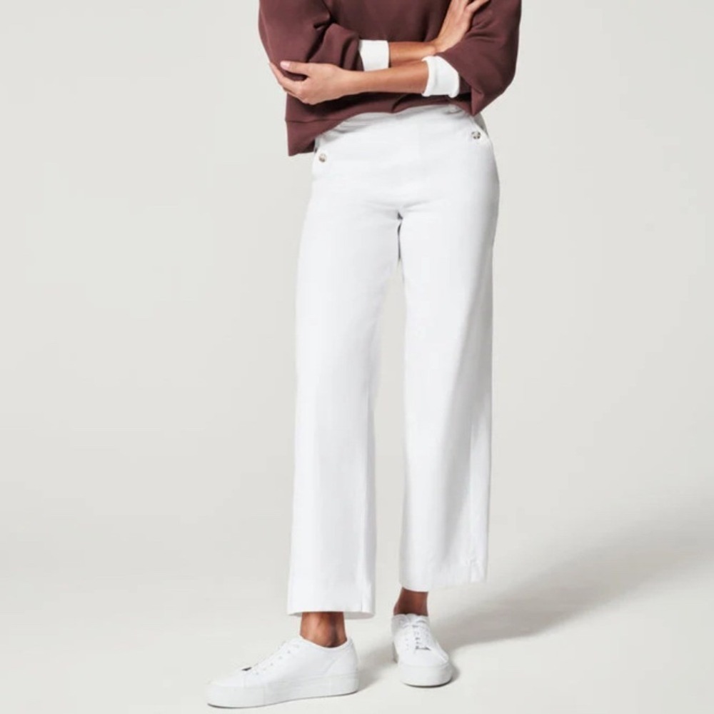 Spanx Stretch Twill Cropped Wide Leg Pants White Sz L Vacation Resort Travel